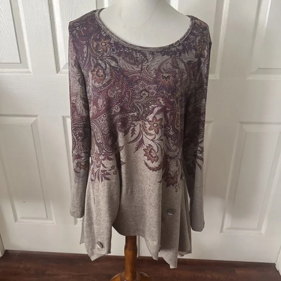 World Unity Tops - World Unity Womens Tunic Top Large Boho Paisley Rhinestones Asymetrical Hippie